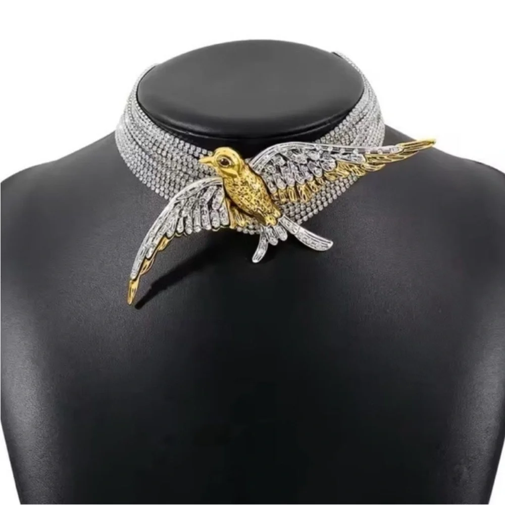 Crystal-Encrusted Silver Swallow Choker